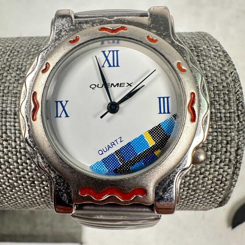 VTG Quemex Watch Mens 35mm Round Aztec Southwestern Silver Tone New Battery